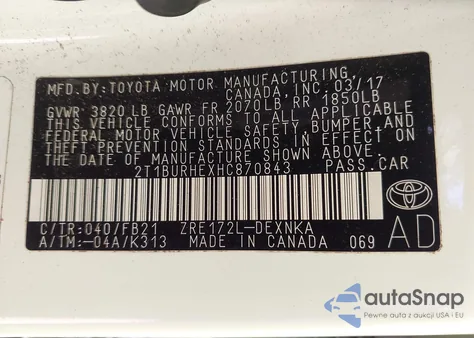 2017 Toyota Corolla Le z USA, uszkodzony, nr VIN 2T1BURHEXHC870843